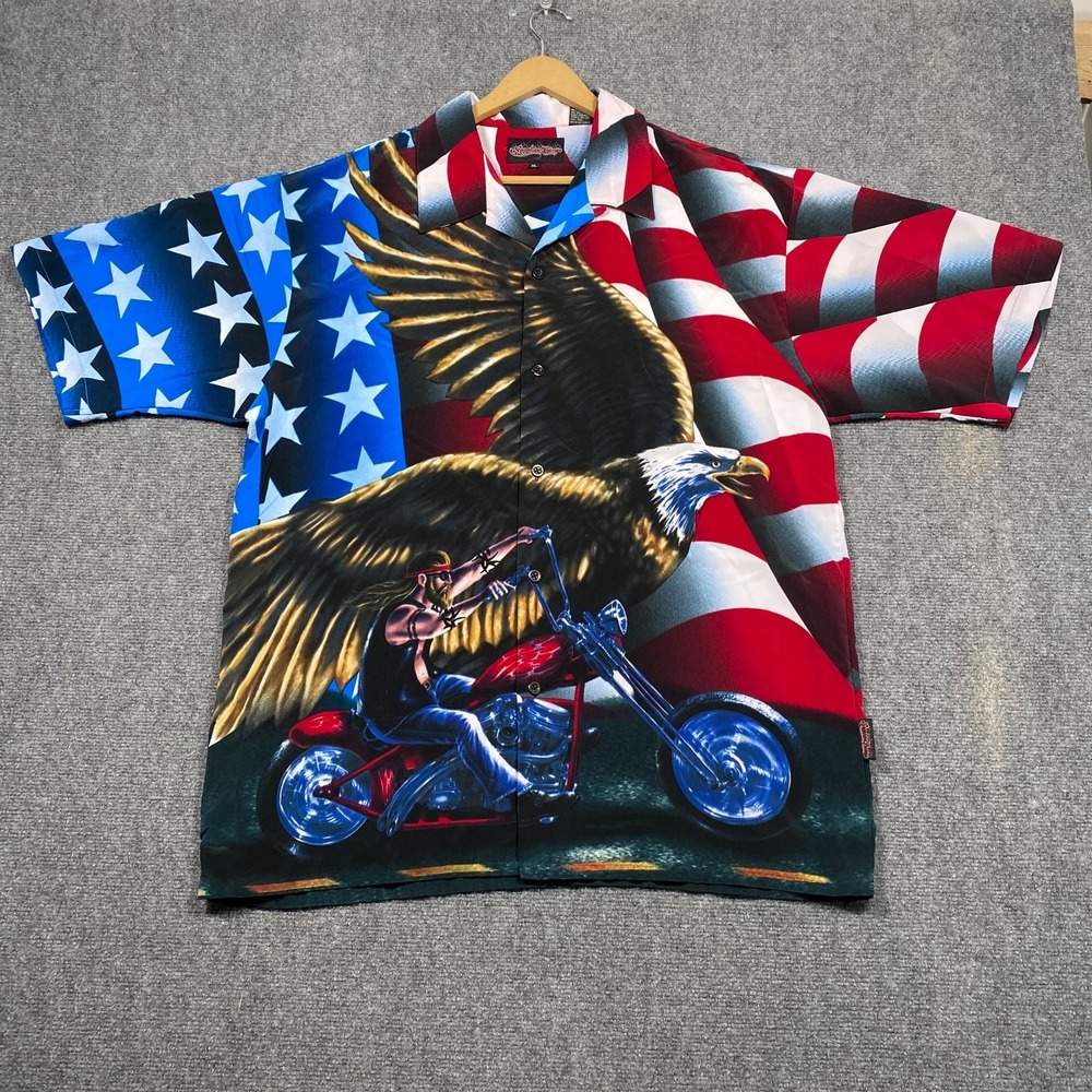 Patriotic Eagle Motorcycle American Flag‎ Shirt Mens XL Red White Blue Biker